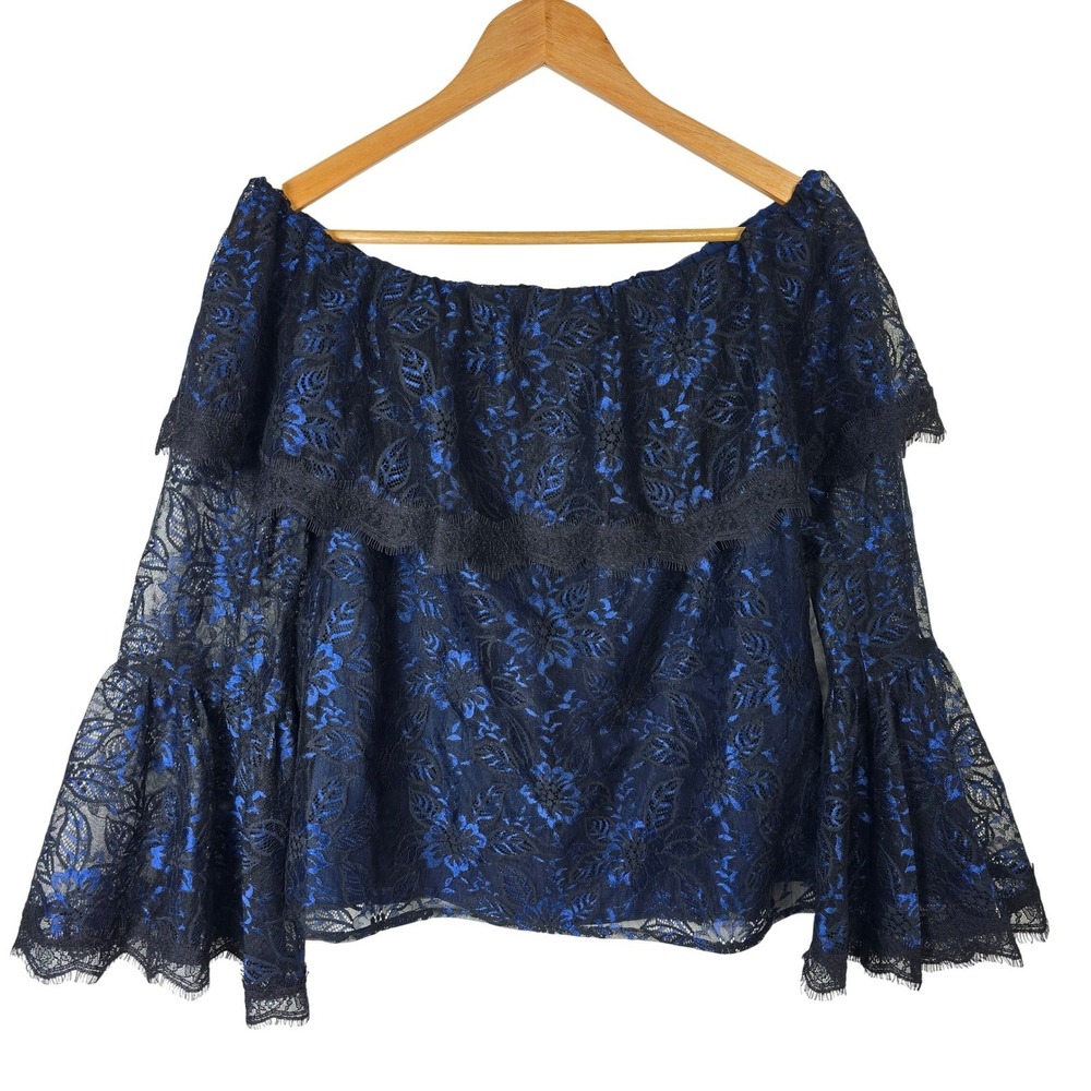 White House Black Market Off Shoulder Lace Top Blue Black Bell Sleeve‎